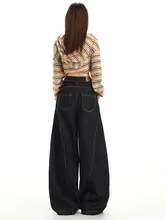 デニムブルー アメリカンストリートスタイル ワイドレッグデニムパンツ【ハイウエスト・女性用・フィット】