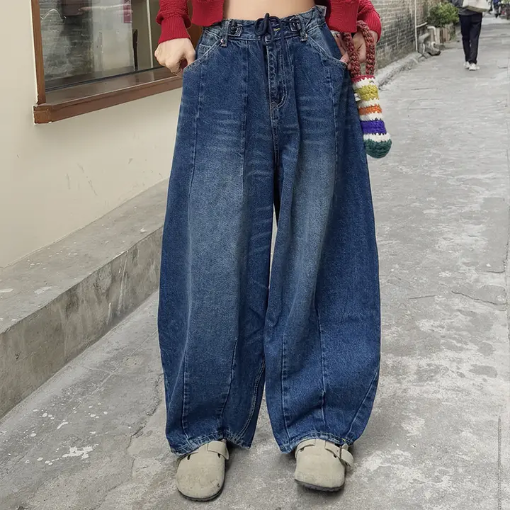 美式復古ウォッシュドデニムハイウエストワイドパンツ【男女兼用・プリーツデザイン】