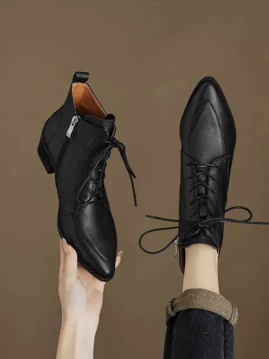 レディースオシャレなショートブーツ【レトロデザイン・真皮・プレーン・サイドジッパー】