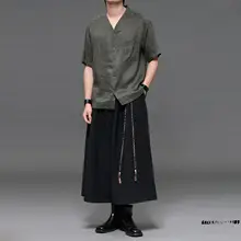 リネン無領シャツ【緑・リゾートスタイル・男性用・ヴィンテージデザイン】