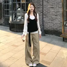 高身長対応のアメリカンレトロカジュアルカーキワイドパンツ【ハイウエスト・スリム効果】
