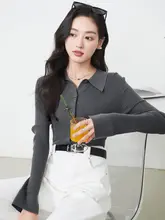 デザイン性優れたポロ襟のニットカーディガン【女性用・長袖・スリムフィット】