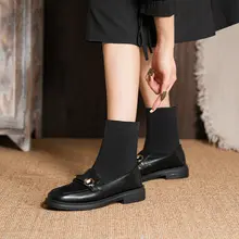秋冬用レトロデザイン 着脱簡単なローファー風ショートブー ツ【白鹅绒ライニング・大きいサイズ対応】（セットアップ対応）