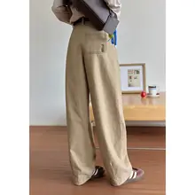春季カジュアルパンツ【ストレート・刺繍デザイン・ハイウエスト・ワイドレッグ】（セットアップ対応）