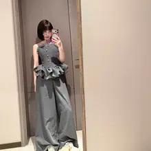 グレーのウエストマーク付きマシュマロトップスとロングパンツ【アメリカンヴィンテージスタイル・スリムフィット】（セットアップ対応）