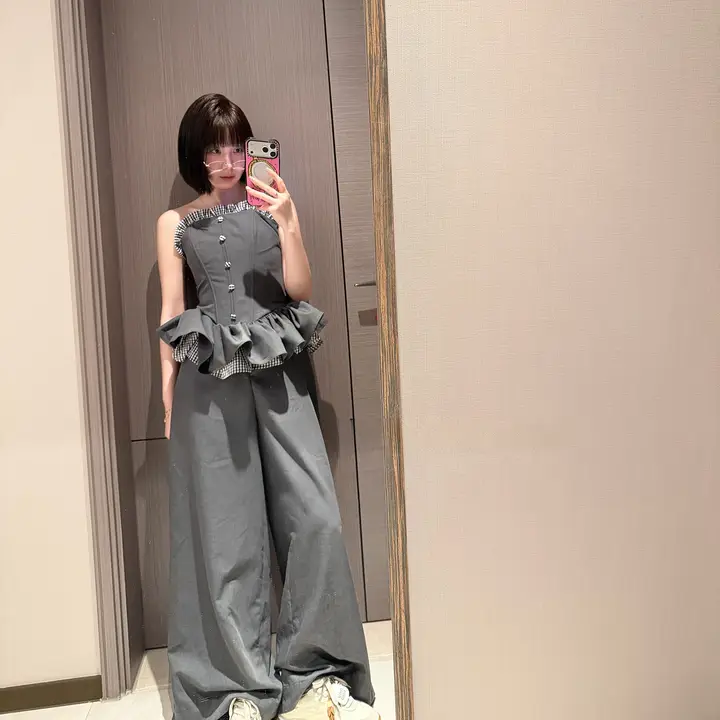 グレーのウエストマーク付きマシュマロトップスとロングパンツ【アメリカンヴィンテージスタイル・スリムフィット】（セットアップ対応）