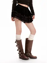 コーヒー色ベロアレース付きフレアスカート【ハイウエスト・Aライン・秋冬用】