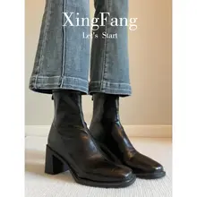 牛革製 ヴィンテージ風 ハイヒール ショートブーツ【スクエアトゥ・太ヒール・厚底】