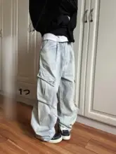 アメリカンヴィンテージ風 褶皺デザイン 多ポケットカーゴデニムパンツ【ユニセックス・ストレート・フィット・カジュアル】