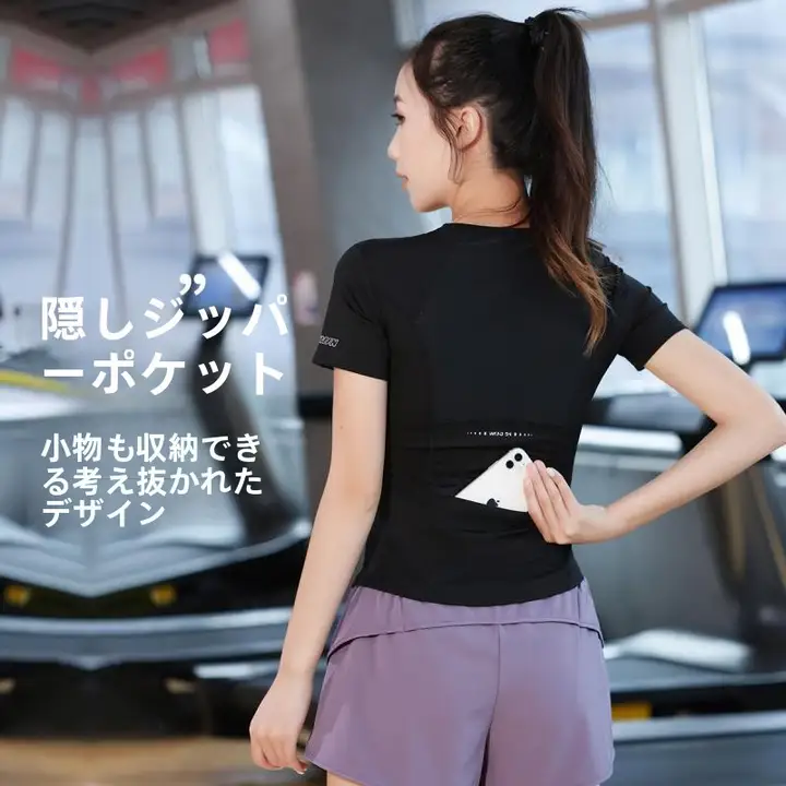 レディース 夏用速乾スポーツTシャツ【後ろポケット付き・フィット感・通気性良好・ヨガ・ランニング対応】