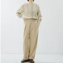 ストライプ柄 コーデュロイ立襟シャツ【フレンチスタイル・レトロ・女性用】