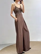 高級リネン製 夏用コーヒーブラウン ワイドレッグパンツ【ゆったりフィット・通勤対応・スリム効果】（セットアップ対応）
