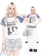 半袖Tシャツ レディース 水玉 パッチワーク バイカラー ラグランスリーブ クルーネック キャラクター柄 Y2K ガーリー 夏
