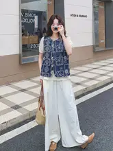 ヴィンテージ風 刺繍エプロンベスト【カラーコンビネーション・パフスリーブ・ワイドパンツ・夏用】（セットアップ対応）