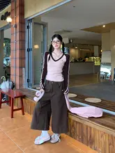 カジュアルなハイウエストワイドレッグパンツ【ブラウン・七分丈・フィット】（セットアップ対応）