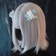 手作りもふもふウサギのリボンヘアクリップ【ブルー・ホワイト・ユニークデザイン】
