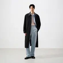 精紡ウール製 メンズロングコート【暗門襟・ゆったりシルエット】