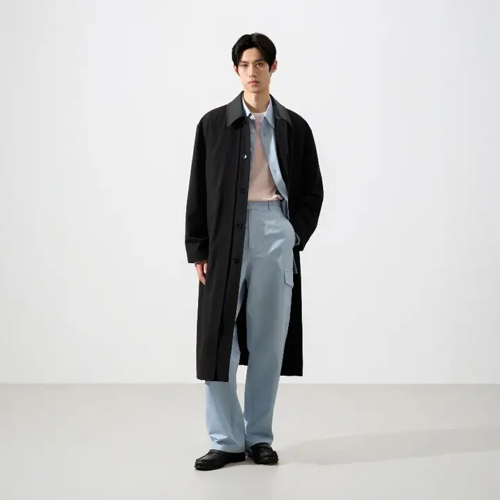 精紡ウール製 メンズロングコート【暗門襟・ゆったりシルエット】