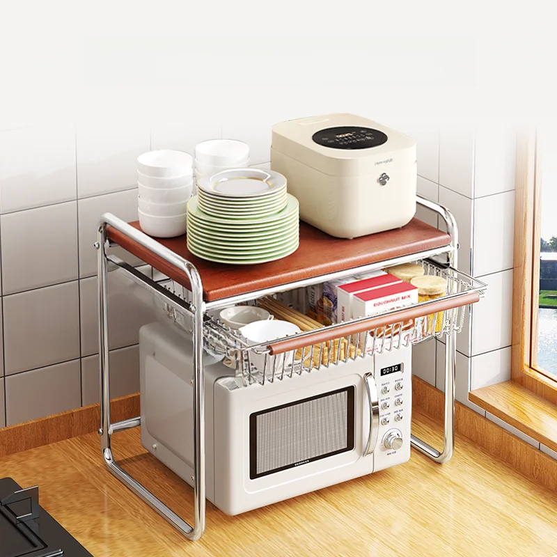 レトロ風キッチン用電子レンジ収納ラック【多機能・引き出し式・台所用】