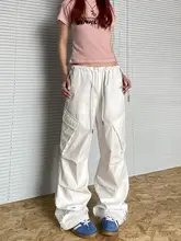 上品な霧がかった青のワイドレッグカーゴパンツ【レトロストリートスタイル・ゆったりシルエット】（セットアップ対応）