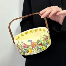 レトロな花柄陶製ハンドル付きフルーツバスケット【家庭用・リビング・おやつ皿・ギフト対応】