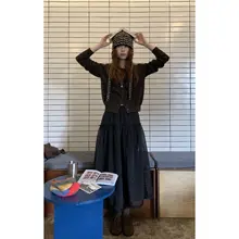 HelloooEat レディース ブラックフレアスカート【ウエストゴム・秋冬用・デザインパネル】