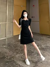 レディース 夏用 ラウンドネック レースデザインの黒ワンピース【ウエスト絞り・大きいサイズ・シンプルスタイル】