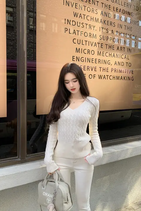 セーター レディース Vネック ケーブル編み 着痩せ フェミニン ヴィンテージ きれいめ 韓流 春 「famouswang」