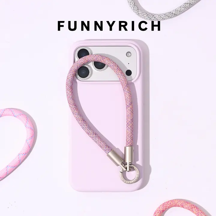 FUNNY RICH スマホケース リストストラップ ショートチェーン マット 編み込み ピンク レディース インスタ映え 「FUNNYRICH」