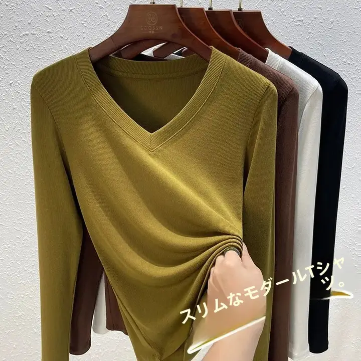 大きいサイズ モダール素材 Vネック長袖カットソー【春秋向け・フィット感のあるデザイン】