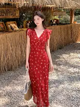 赤いフラワープリントのノースリーブドレス【夏用・小さなフリル付き】（セットアップ対応）
