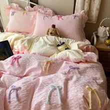 極上の柔らかさのフリルデザイン寝具セット【可愛いリボン付き・肌触りの良い素材・ベッドカバー・掛け布団カバー・シーツ】（セットアップ対応）