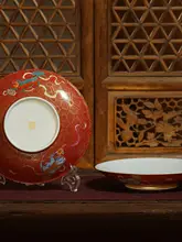 華やかなデザインの三狮対碗と対盤【吉祥紅色・ギフトボックス入り・婚礼用】