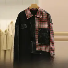 羊毛チェック柄PUレザー切り替えダブルフェイスコート【レディース・シックなデザイン】
