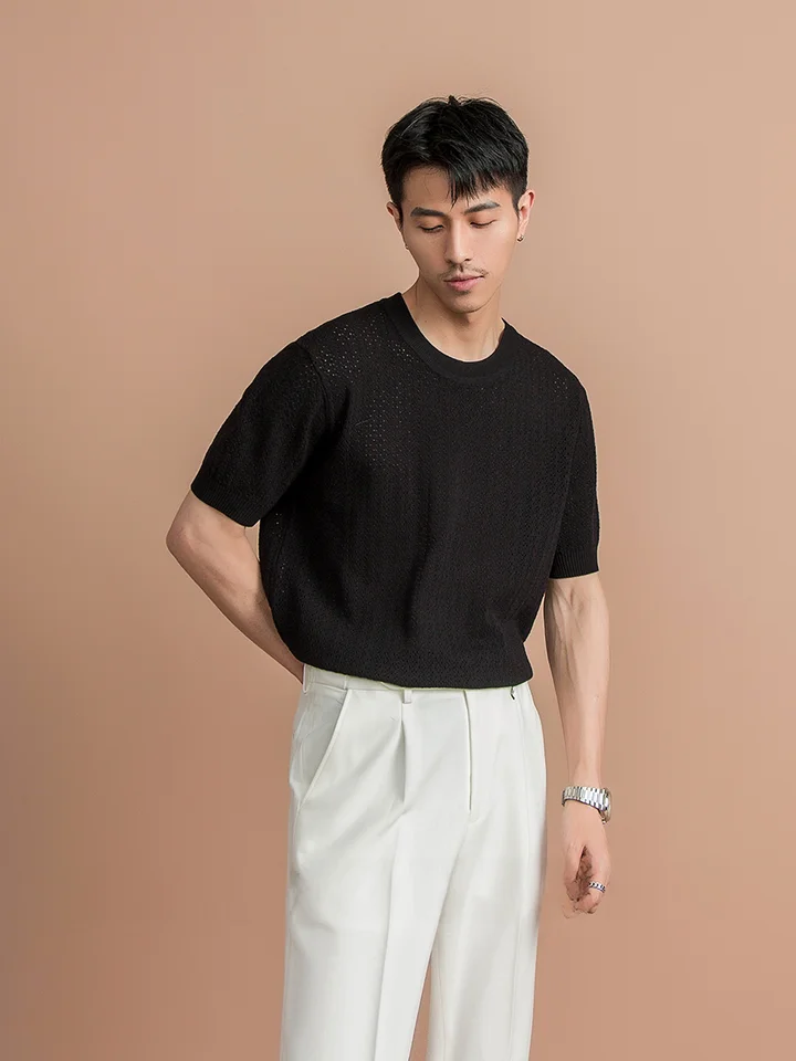 SHANGUFENG メンズ夏用 ニットTシャツ【透かし編み・ラウンドネック・短袖・カジュアル】
