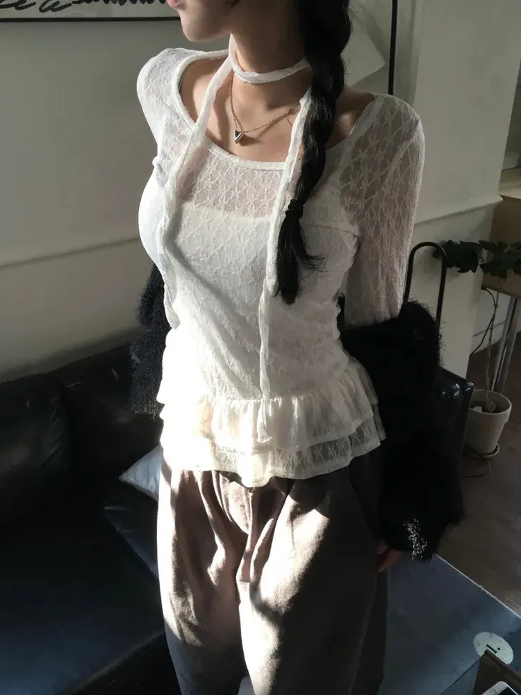 白色レースフリル長袖トップス【重ね着・女性用・秋季】