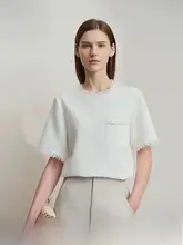 秋の極簡シフォンブラウス【ストレートカット・フリンジ・ビジュー装飾・正肩デザイン】（セットアップ対応）