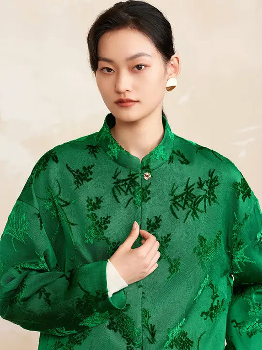 新中式デザイン 切り替えフラワー柄コート【立ち襟・金属ボタン付き・春用】