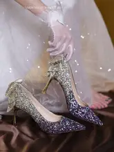 香槟色のリボン付きウェディングシューズ【新婦用・ハイヒール・クリスタル装飾】