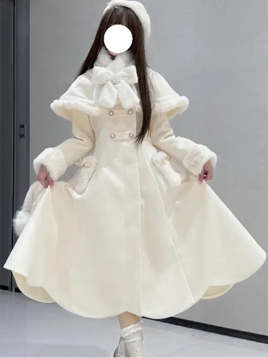 クリーム色の長めコート付きドレス【中綿・取り外し可能・ロリータスタイル】（セットアップ対応）