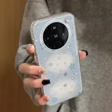 OPPO Find X8用 スマホケース【全包・シリコン製・落下防止・ブルーとホワイトの星柄】