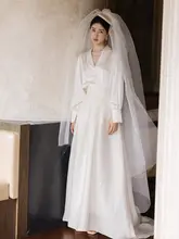 洗練されたデザインの長袖婚約者用ドレス【法式サテン・シンプル・高級感・秋用】