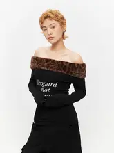 アメリカンスタイルのヒョウ柄オフショルダーロングスリーブTシャツ【秋用・セクシー・フィット感】