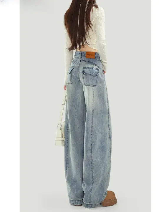 春季デザインの浅い青色ハイウエストデニムパンツ【ゆったりとしたワイドレッグ】（セットアップ対応）