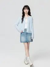 デザイン性のあるレース付きノースリーブカーディガン【春秋用・短丈・ブルー】
