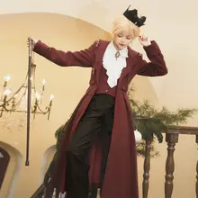 ロングレッドコートとパンツのゴシック風コスチューム【ロリータスタイル・伯爵デザイン・暗黒系】（セットアップ対応）