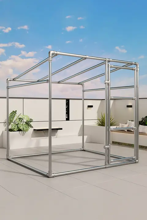 頑丈な厚手のスチールパイプ作りの物干し架【雨よけ・日差し対策・斜め棚・屋外植物用】