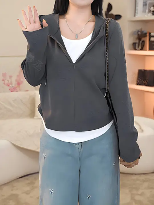 大きいサイズのコットンフード付き長袖トップス【春用・ゆったり・体型カバー】（セットアップ対応）