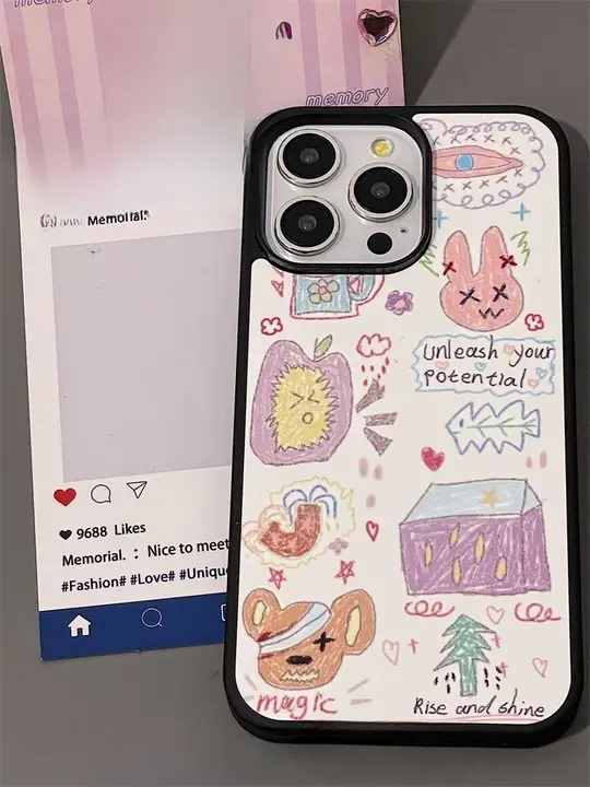 iPhone用可愛いウサギのドゥードゥルデザインケース【フルカバー・防衝撃・黒フレーム】（セットアップ対応）