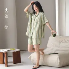 薄手コットン製 レディース夏用パジャマ【半袖・ショートパンツ・ストライプ・カーデ ィガン】（セットアップ対応）